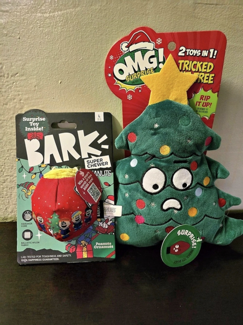 Bark Super Chewer Peanuts Ornamutt and OMG Surprise Tricked Tree Dog Toys Bundle